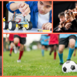A collage of kids doing activities like sports, music and dance